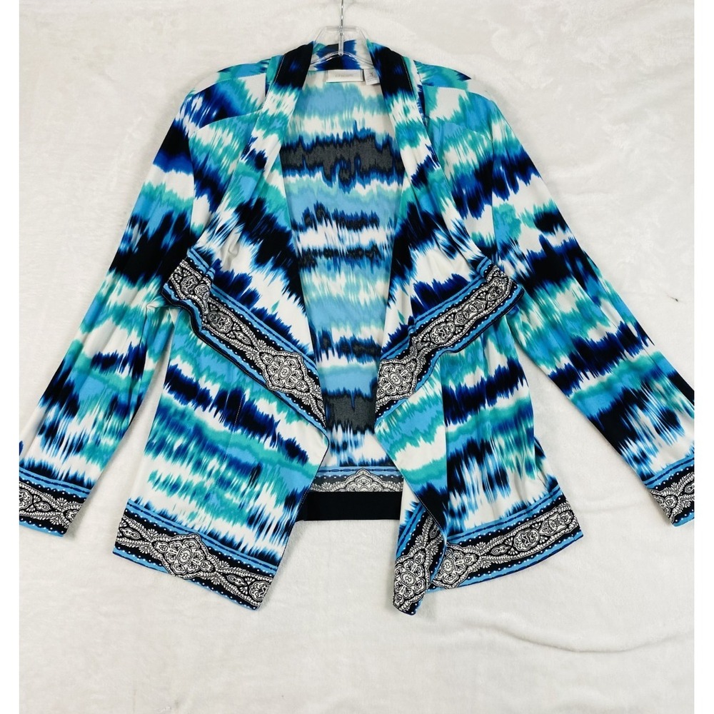 Chico's Open Drape Cardigan Sz 3 (XL- 16) Blue Abstract Colorful Coastal Chic
